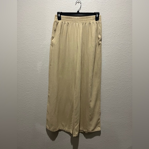 Forever 21 Women’s Tan Wide Leg Pull On Linen Blend Pants Sz L  Vacay Wear Boho - Picture 1 of 9